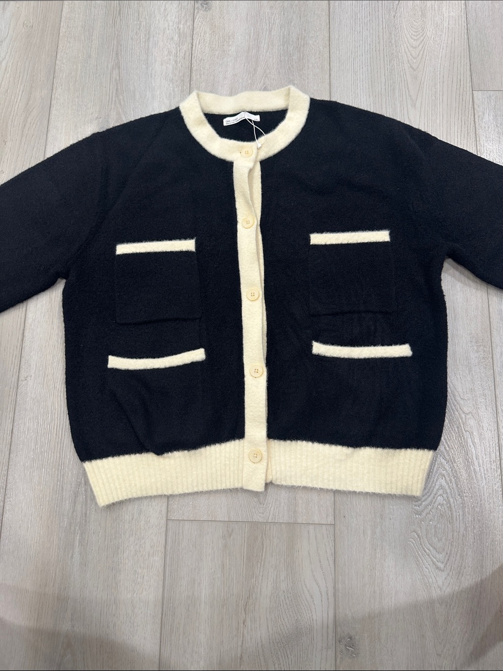 Oak + Fort Black Cream Contrast Knit Cardigan Jacket Size M